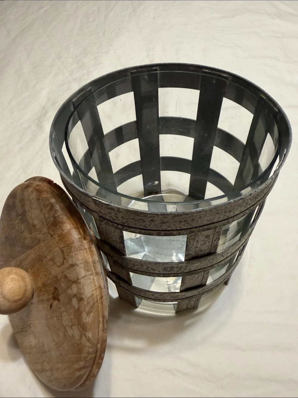 Pier 1 Gray Metal and Natural Wood Lidded Canister